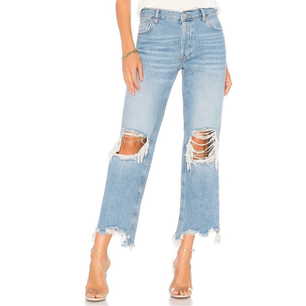 Free People Womens Maggie Straight Leg Jeans in Light Wash Blue sz 27 Distressed